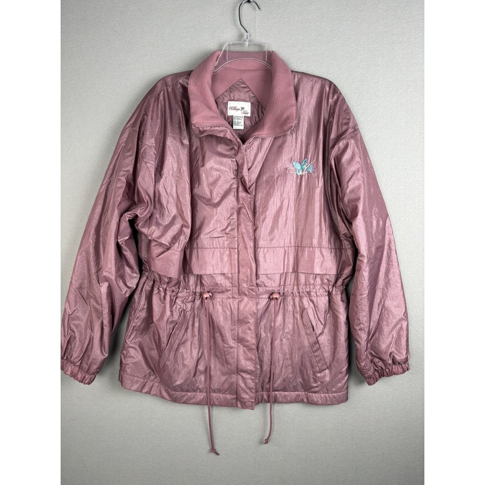 Vintage Village Fair Womens Jacket L Pink Anorak Butterfly Embroidery Nylon 2797